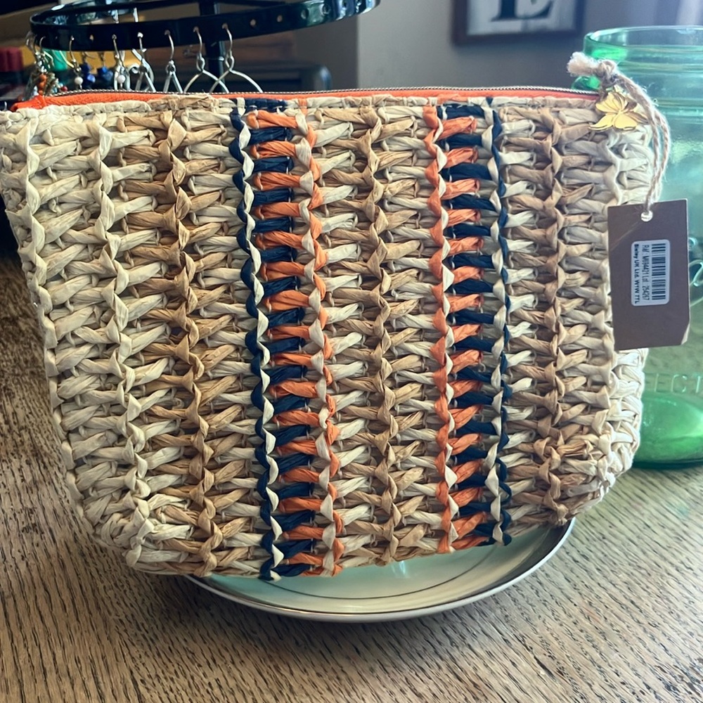 Woven Straw Clutch with Orange and Navy Stripes Cosmetic Bag  Zipper Pouch